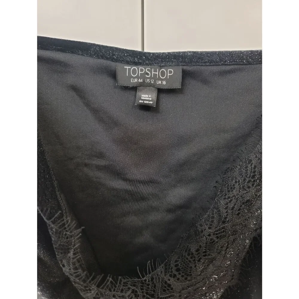 Topshop Black Shimmer Velvet & Lace Trim Bodysuit - Strappy V-Neck Size 12